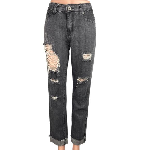 Liquor N Poker Black Raw Hem Mid Rise Distressed Straight Ankle Denim Jeans 10 - Picture 1 of 6